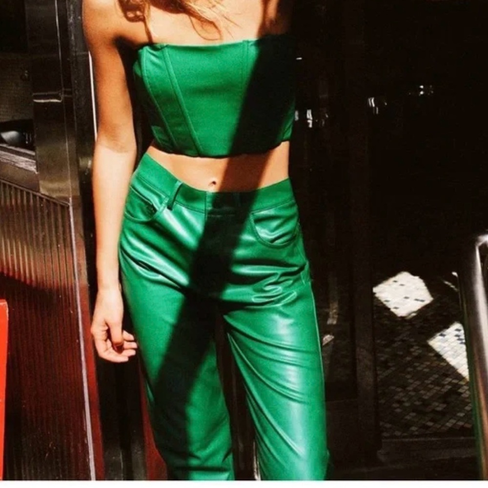 Zara Faux Leather Emerald Green Straight Leg Pants & Top Set